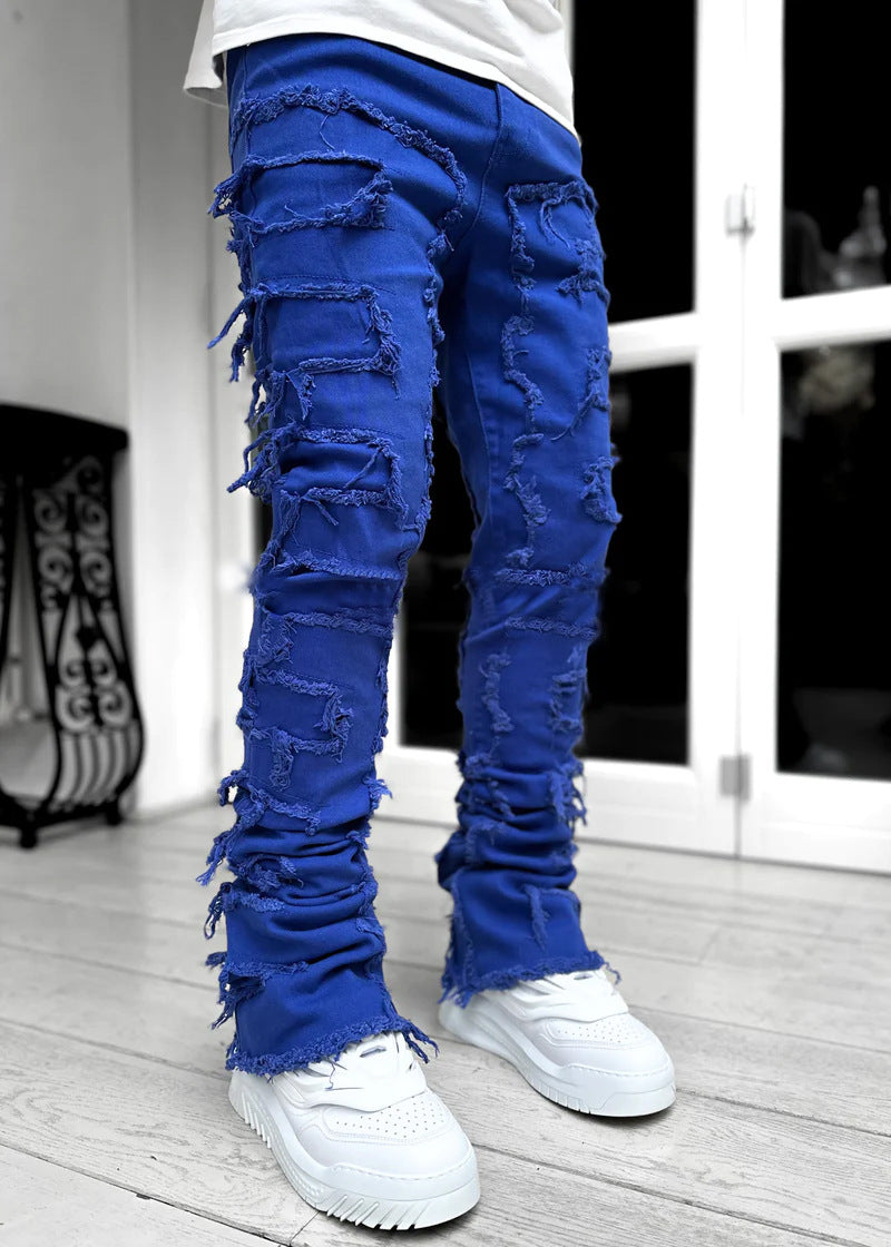 Pantalones rasgados con flecos interiores, remendados individualmente, ajustados, acampanados, apilados, largos, para ropa de hombre