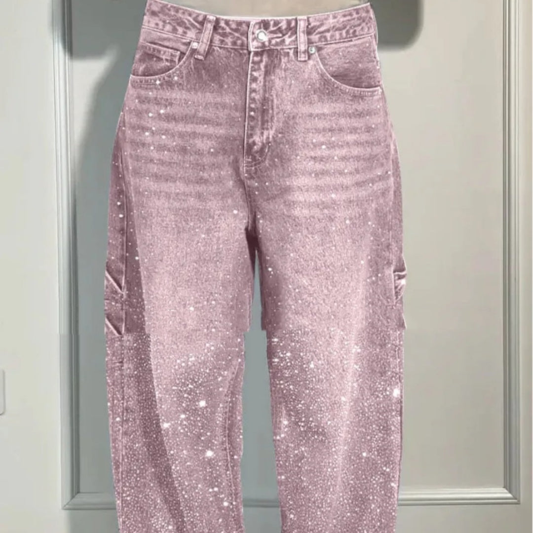 Jeans rectos brillantes Ins con bolsillos, pantalones anchos y sueltos de moda para mujer, pantalones de estilo urbano