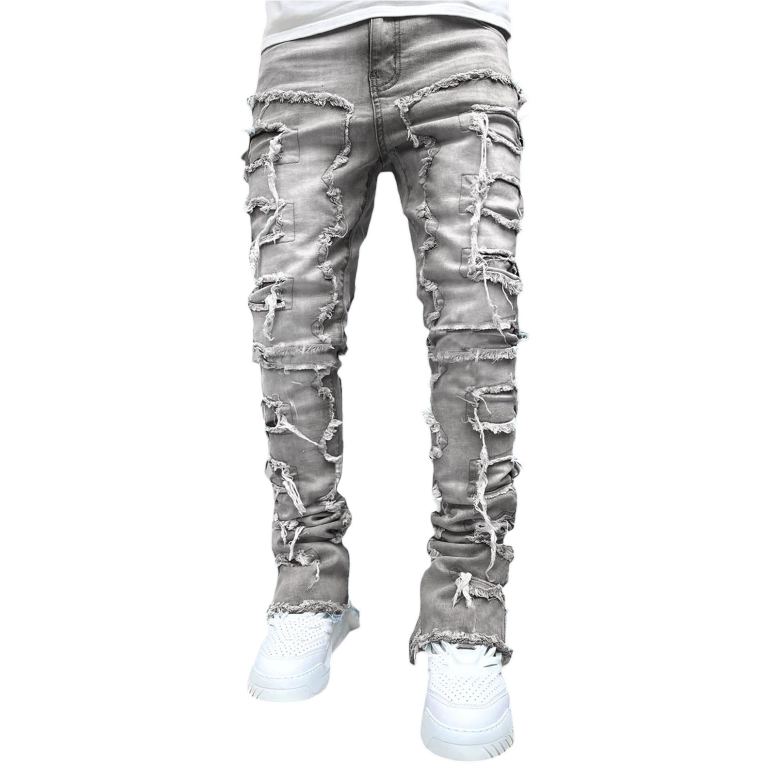 Pantalones rasgados con flecos interiores, remendados individualmente, ajustados, acampanados, apilados, largos, para ropa de hombre