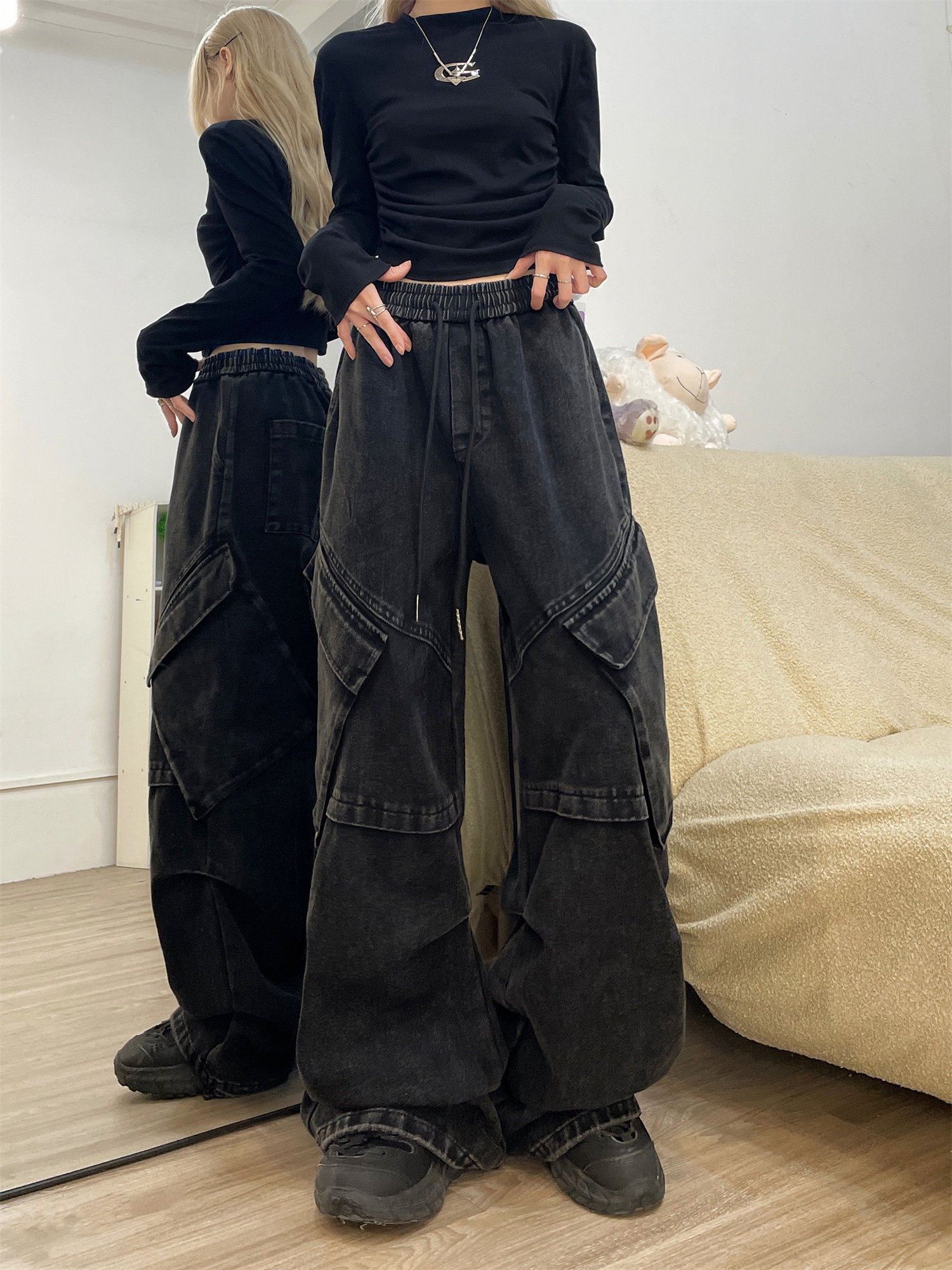 Vaqueros de trabajo retro de estilo americano para mujer, con pernera ancha gruesa