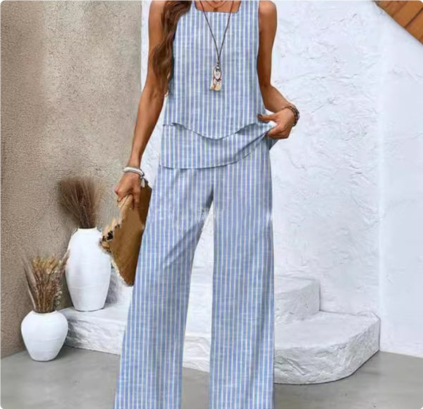 Trajes Estampados Chaleco Sin Mangas De Doble Capa Y Pantalones Rectos Sueltos Ropa De Mujer