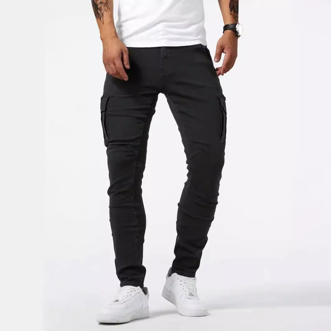 Pantalón cargo casual para hombre, pantalón elástico de marca de moda para primavera y verano, gris, a estrenar, corte recto, vaquero ligero