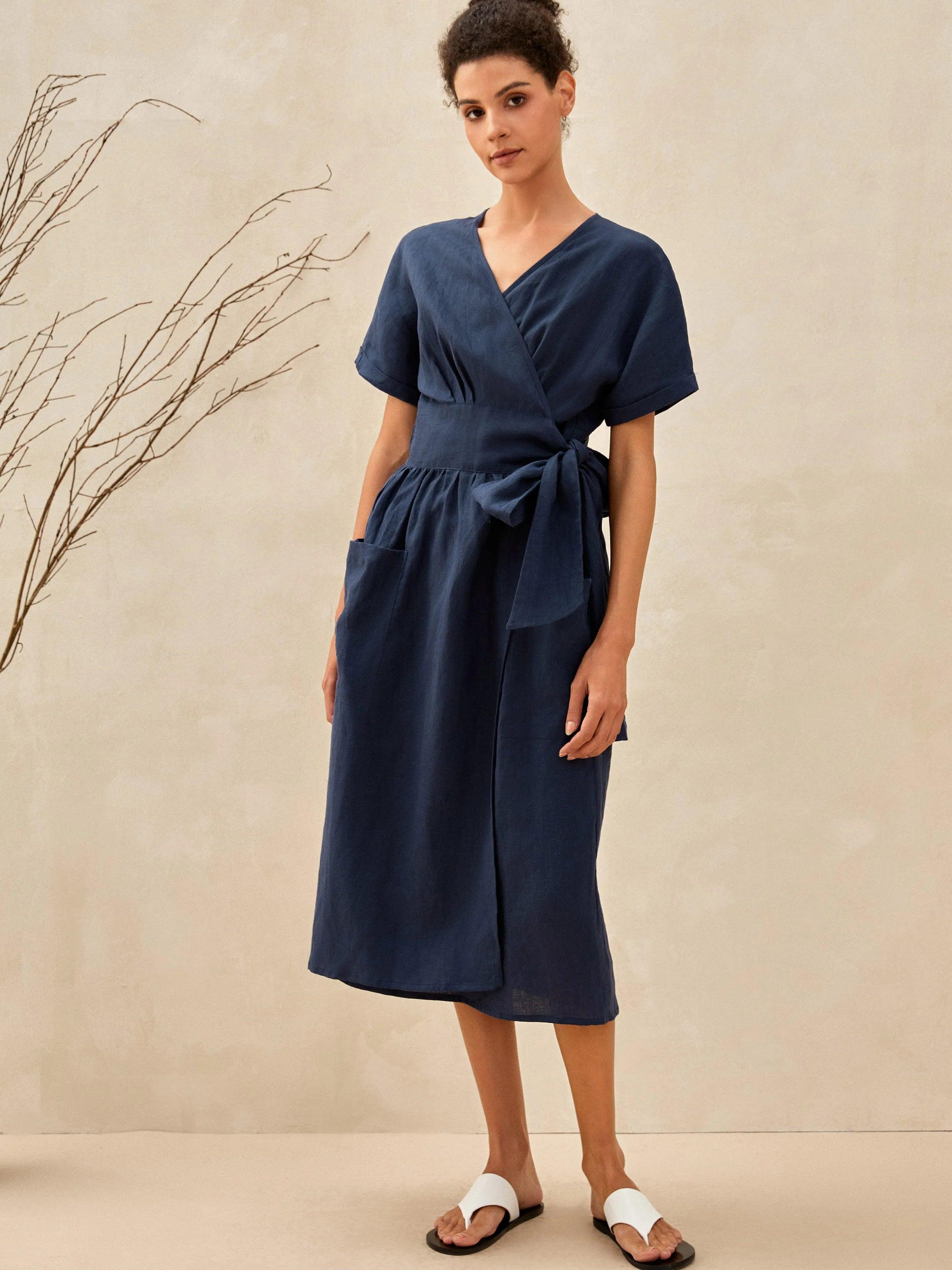 100 Linen Kimono Dress Celeste
