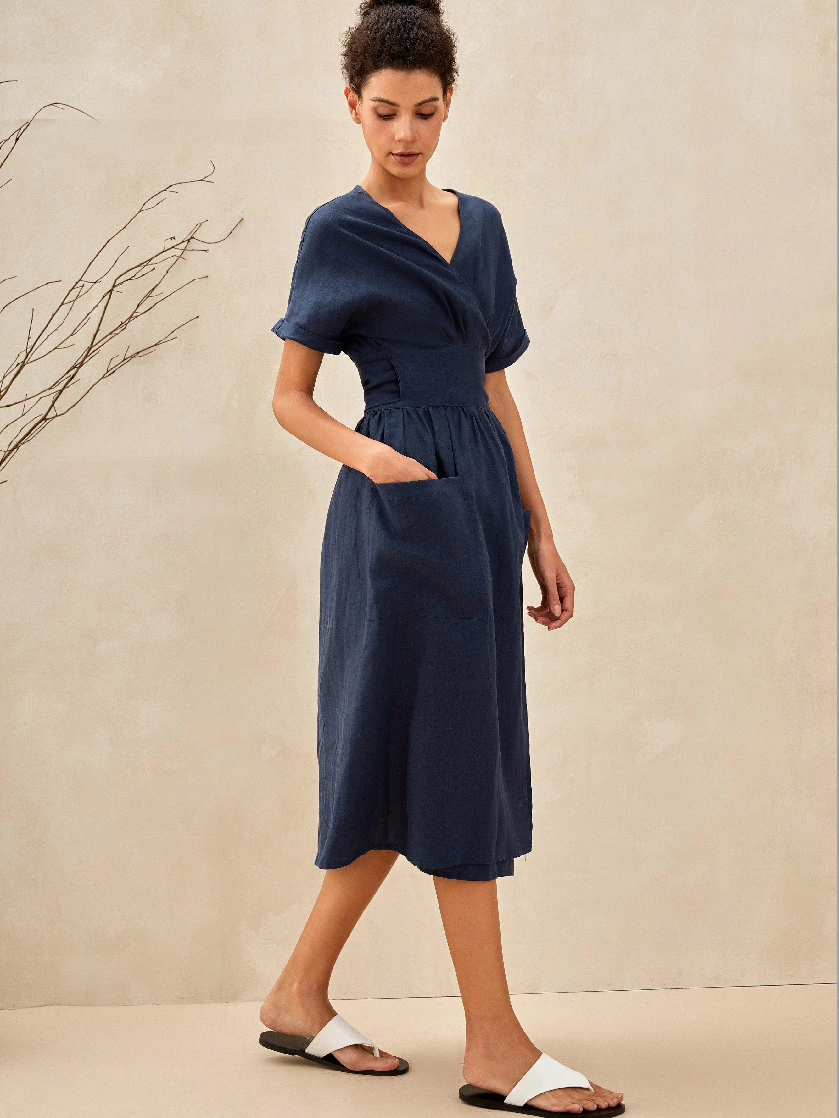 100 Linen Kimono Dress Celeste
