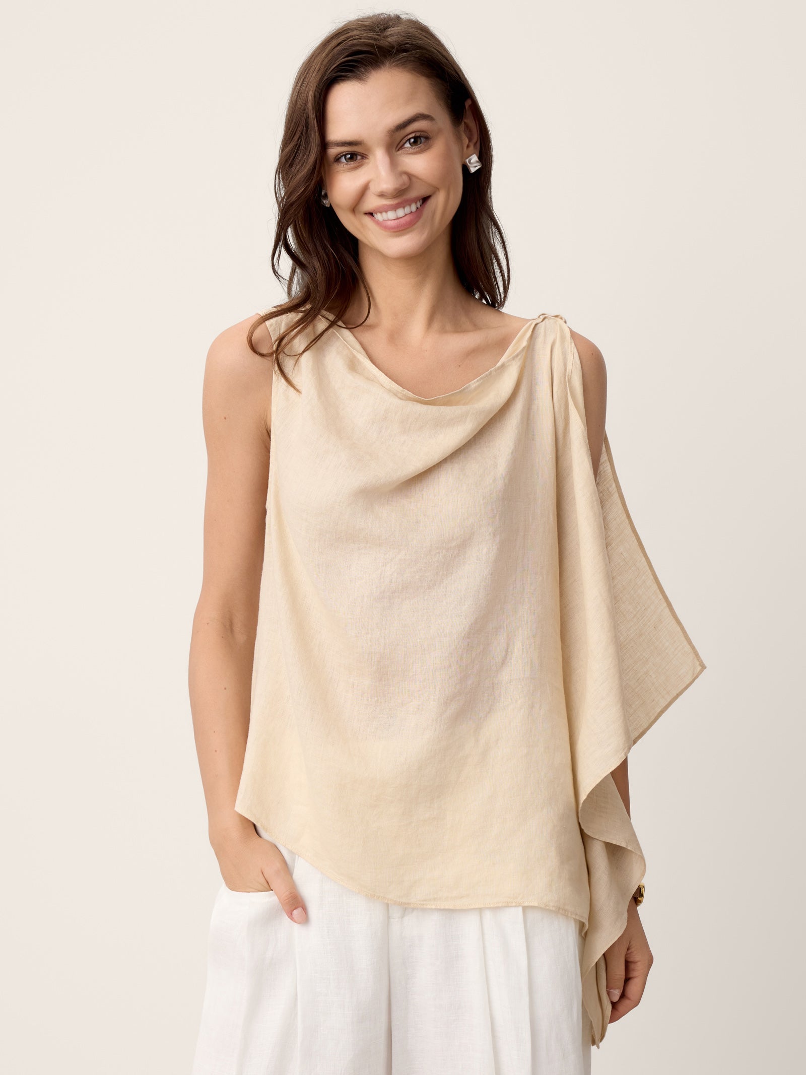 100 Linen Cowl Neck Asymmetric Top Levina