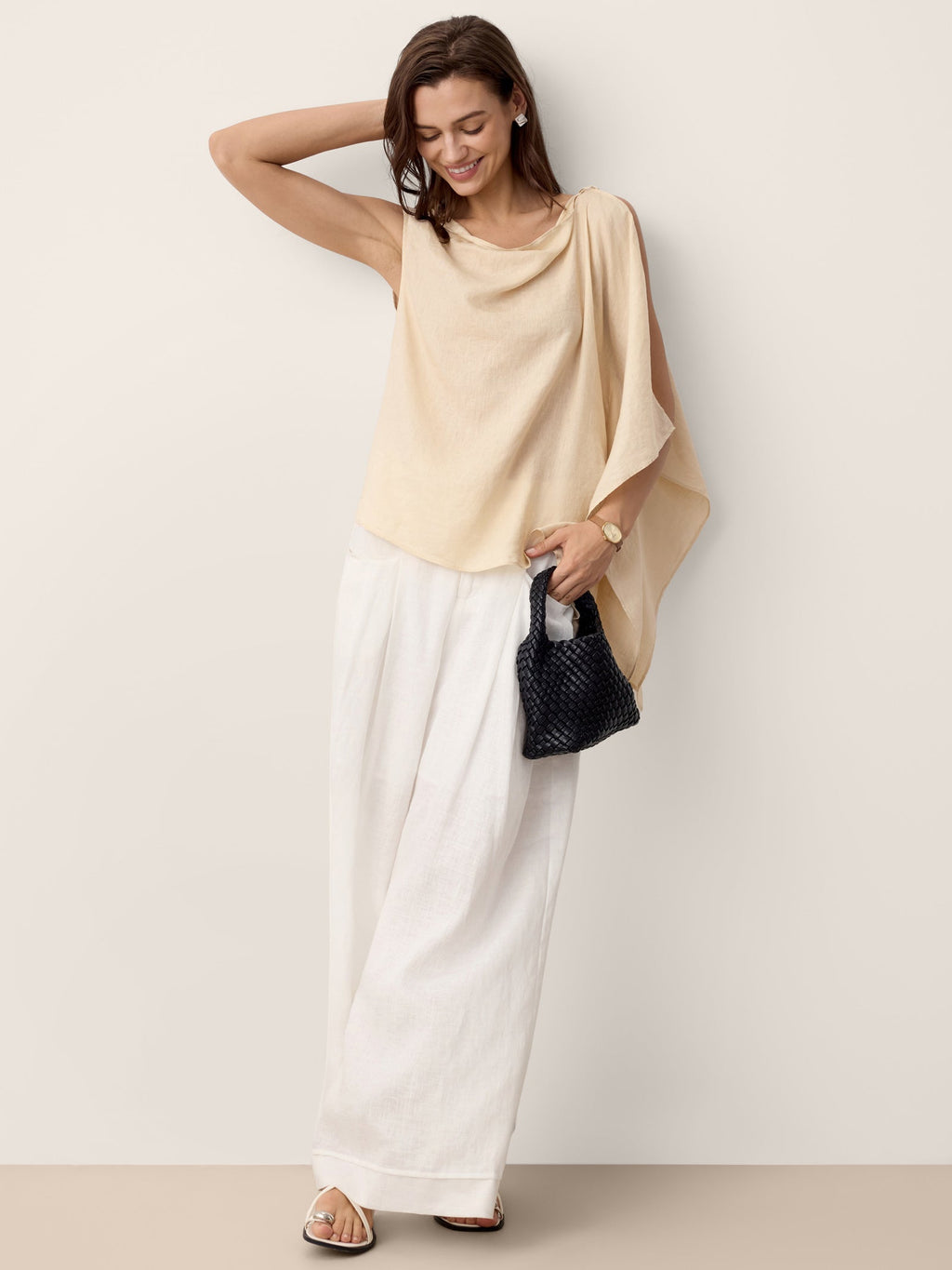 100 Linen Cowl Neck Asymmetric Top Levina