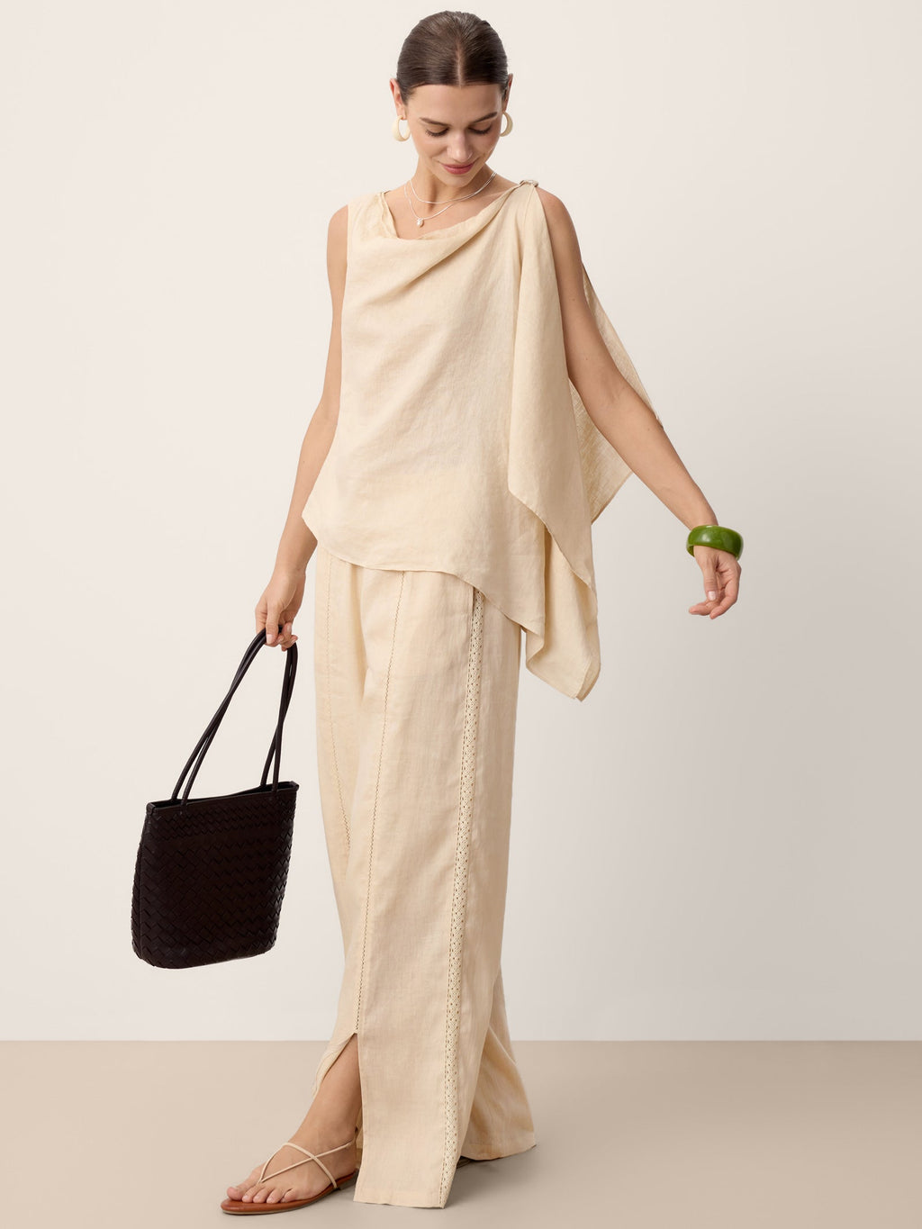 100 Linen Cowl Neck Asymmetric Top Levina