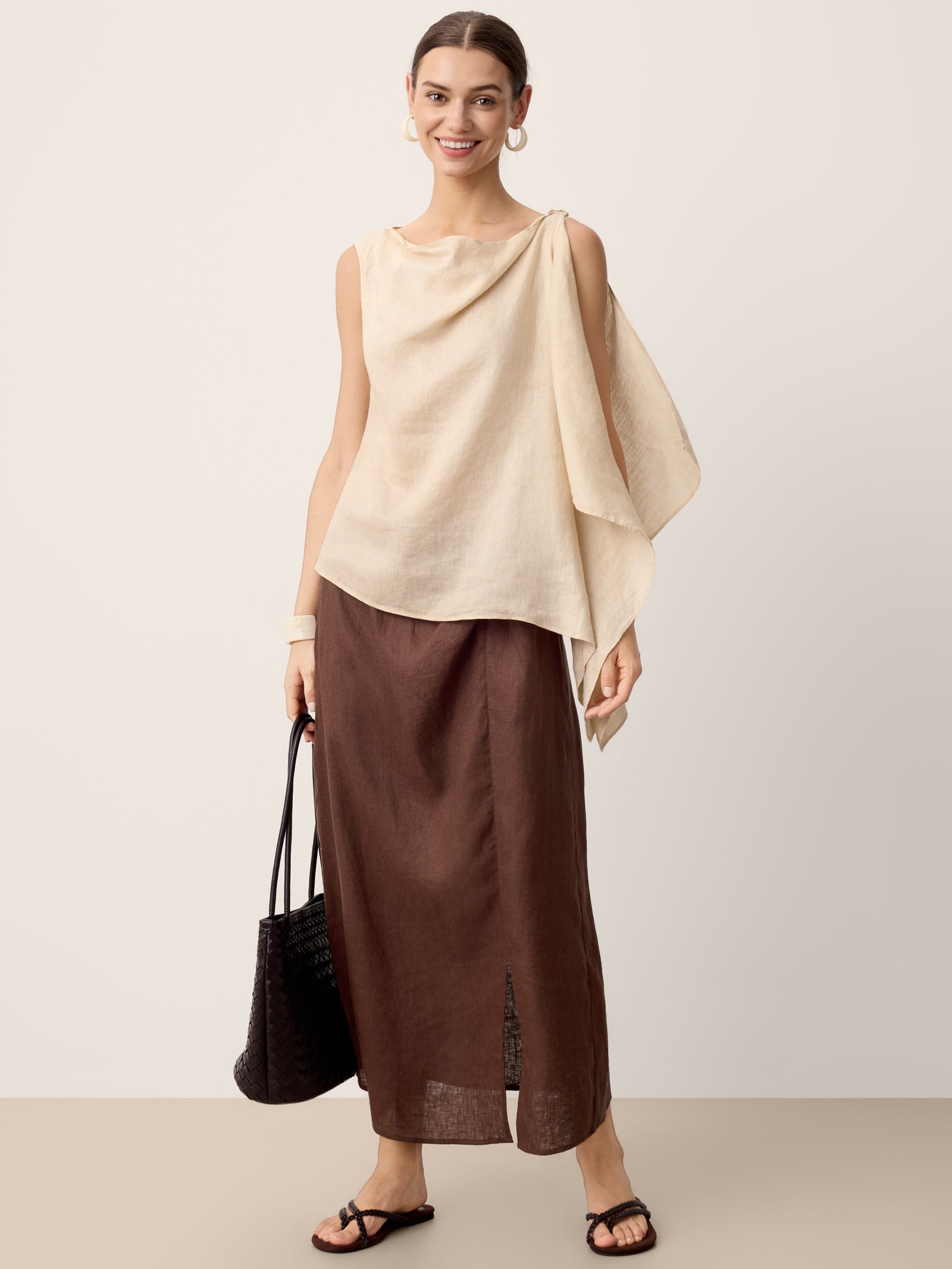 100 Linen Cowl Neck Asymmetric Top Levina