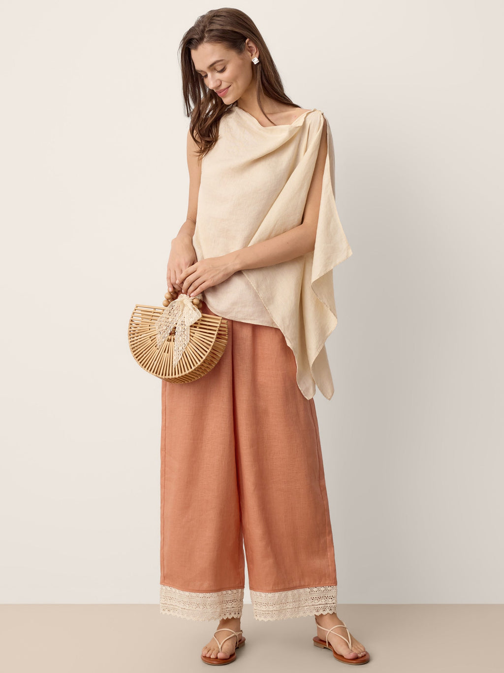 100 Linen Cowl Neck Asymmetric Top Levina