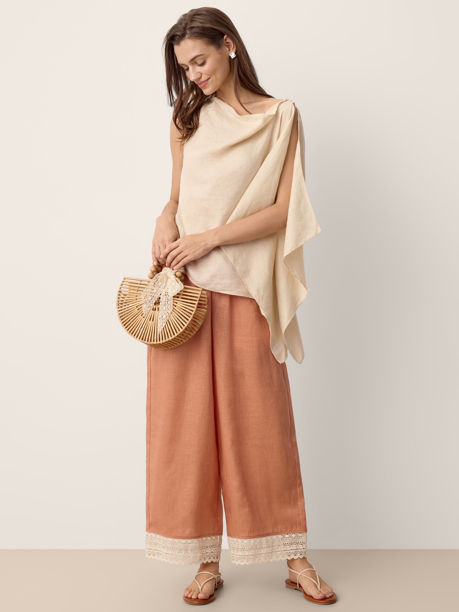 100 Linen Cowl Neck Asymmetric Top Levina