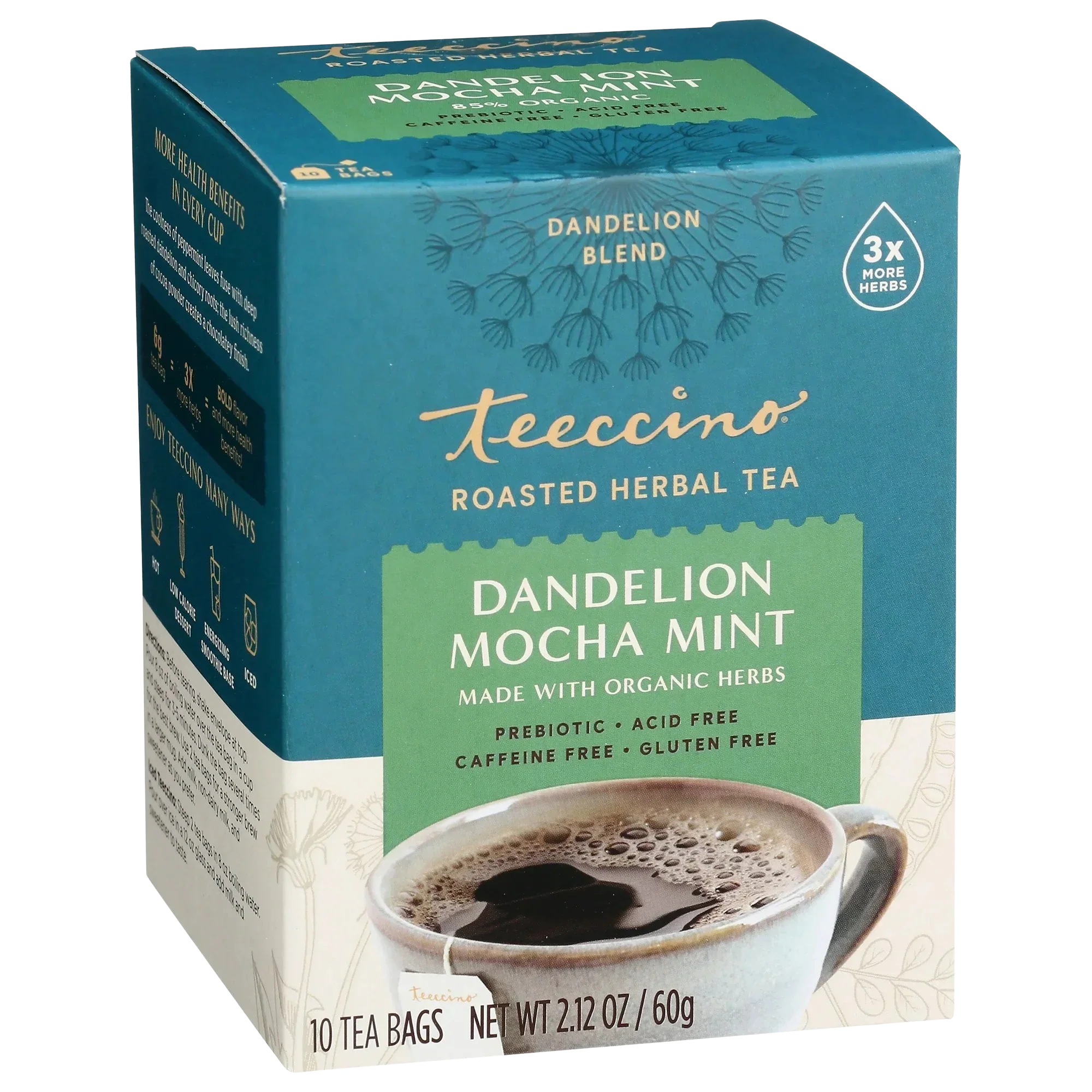 Té de hierbas tostado de diente de león con mocha y menta