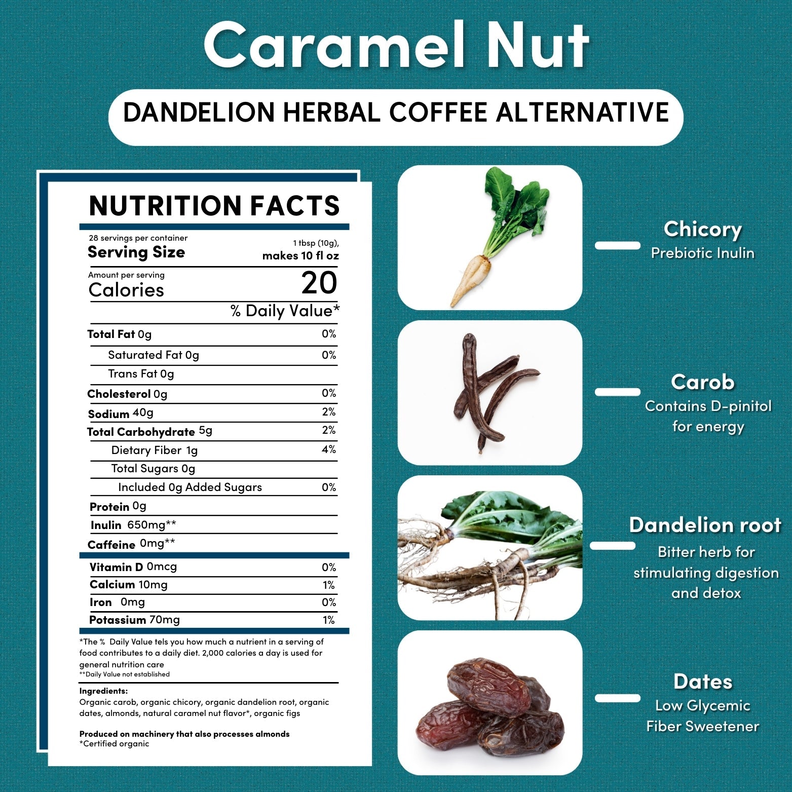 Herbal Coffee | Teeccino | Dandelion Caramel Nut Chicory Herbal Coffee
