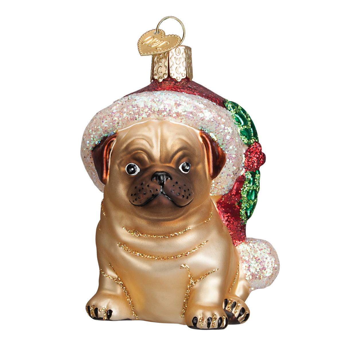 Adorno de pug con gorro de acebo