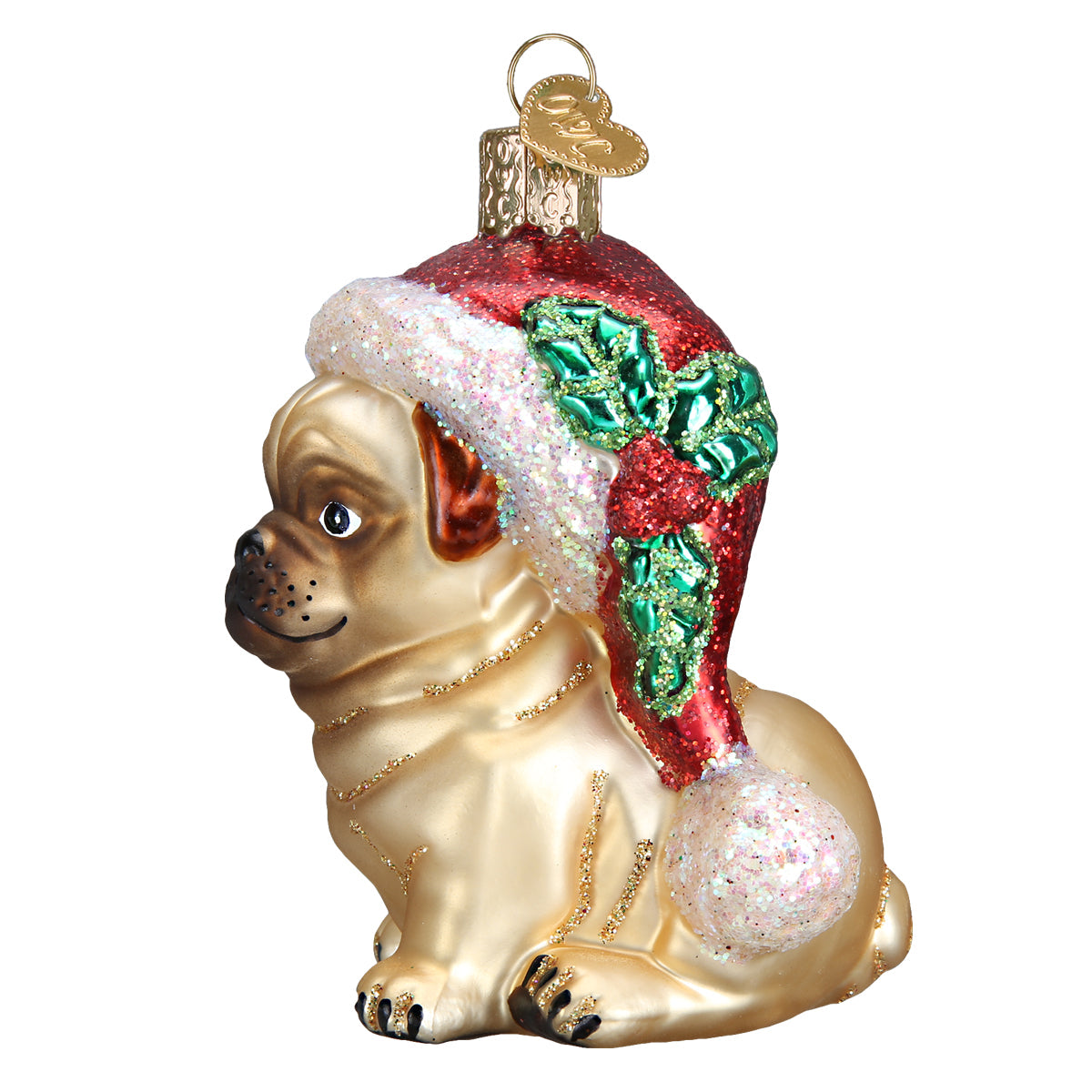 Adorno de pug con gorro de acebo