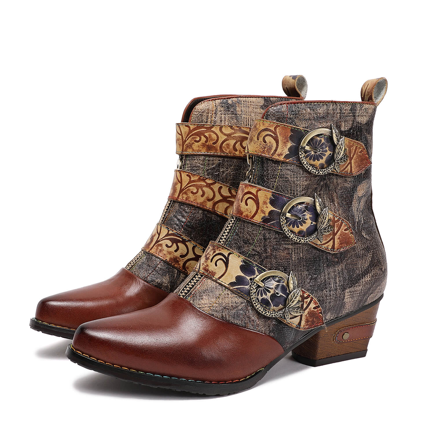 Retro Handmade Vintage Embossed Buckle Leather Boots is a leather ankle boots selected for customers looking for expressive footwear, statement shoes, creative styling, and giftable fashion pieces. Material details include Upper: Cowhide Leather Lining: Calf Leather Outsole: Wear-resistant rubber Insole: Irremovable leather-covered latex Insole Hardware: Solid brass zipper and hardware Handcrafted: H. Available shoe size options help shoppers choose the right fit from the listing variants.