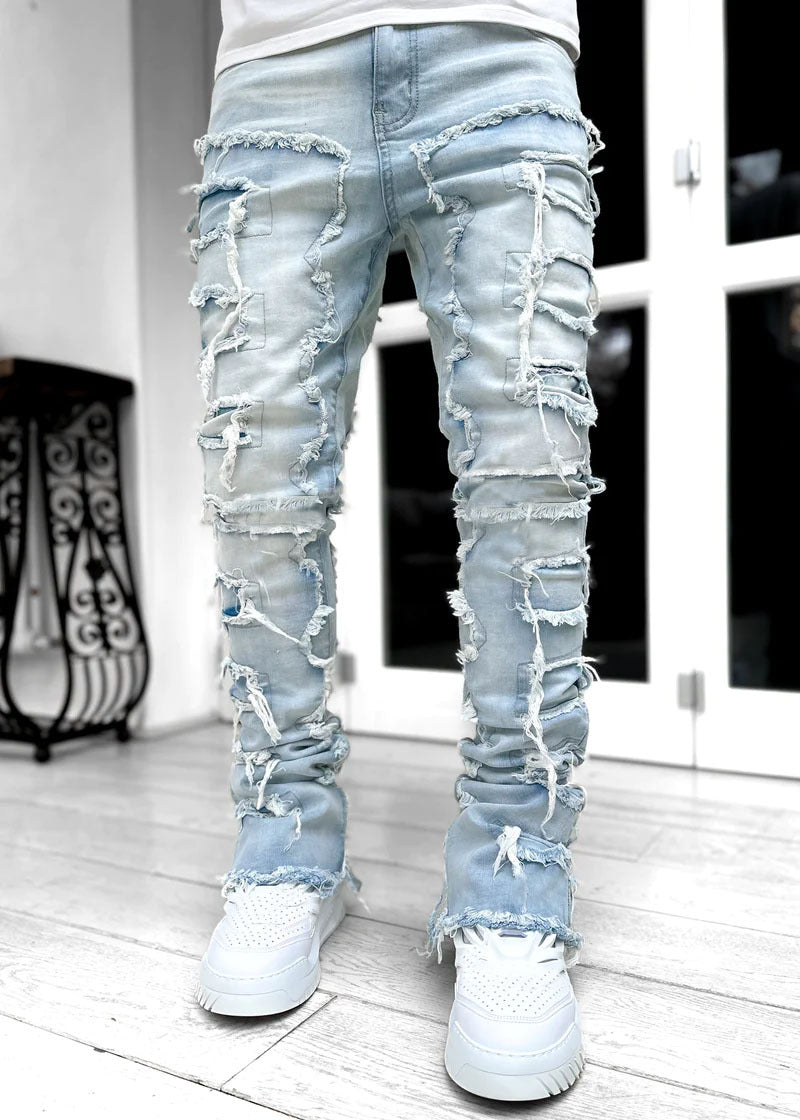 Pantalones rasgados con flecos interiores, remendados individualmente, ajustados, acampanados, apilados, largos, para ropa de hombre