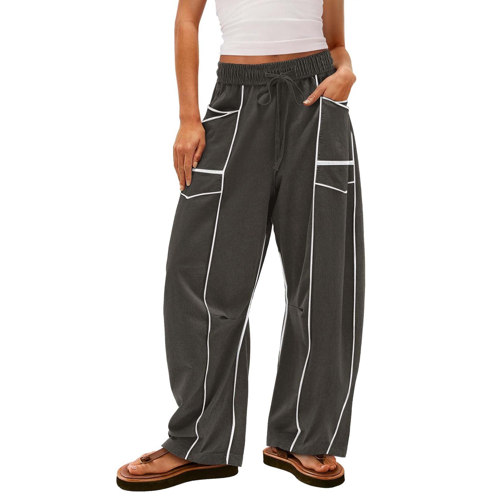 Pantalones Y2K negros a rayas de pierna ancha con bolsillos, pantalones holgados con cordón, pantalones deportivos, ropa de mujer