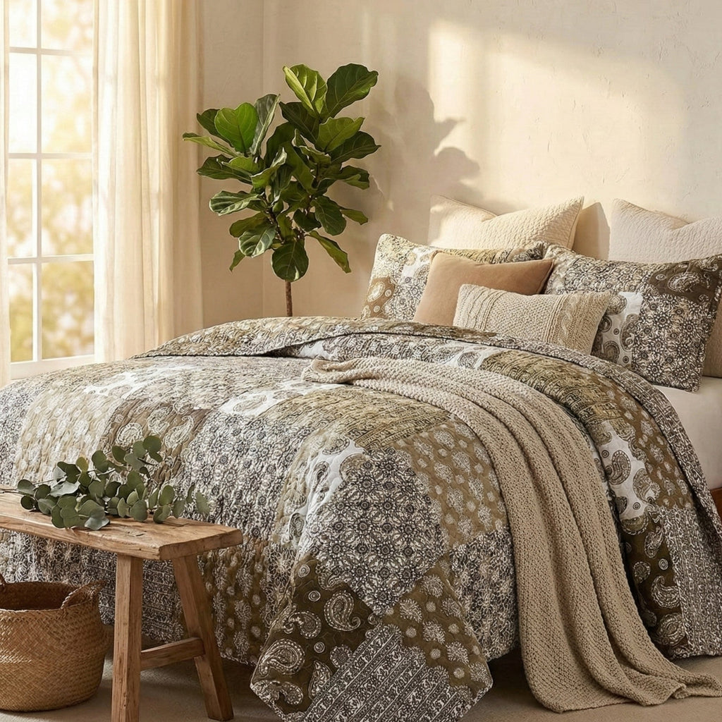 Juego de colcha de algodón con diseño bohemio de olivo, cachemir marroquí, filigrana floral y retazos, de DaDa Bedding (JHW-885)