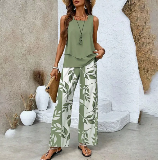 Trajes Estampados Chaleco Sin Mangas De Doble Capa Y Pantalones Rectos Sueltos Ropa De Mujer