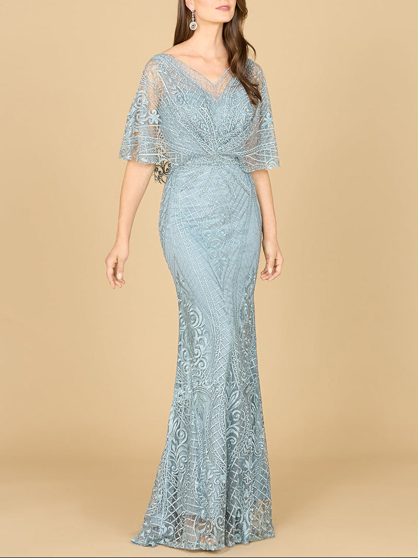Lara 29673 Cape Sleeve Mermaid Gown