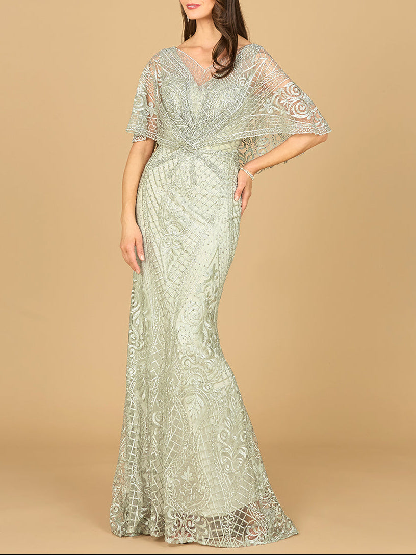 Lara 29673 Cape Sleeve Mermaid Gown