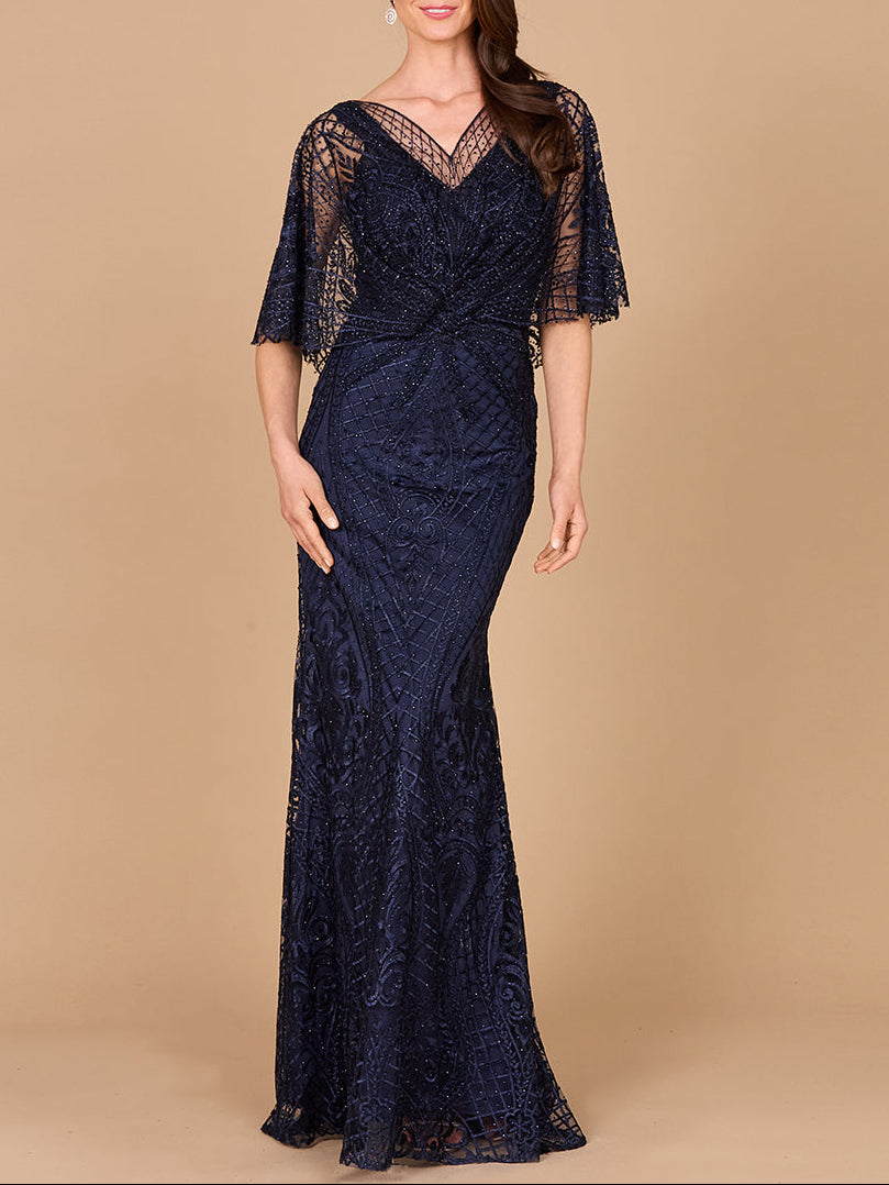 Lara 29673 Cape Sleeve Mermaid Gown