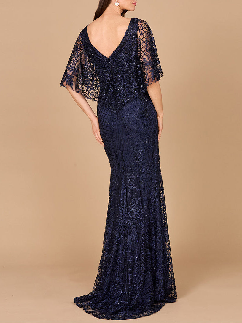 Lara 29673 Cape Sleeve Mermaid Gown