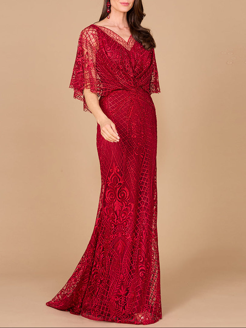Lara 29673 Cape Sleeve Mermaid Gown