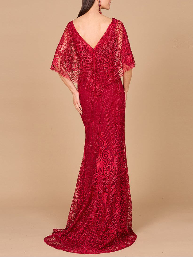Lara 29673 Cape Sleeve Mermaid Gown