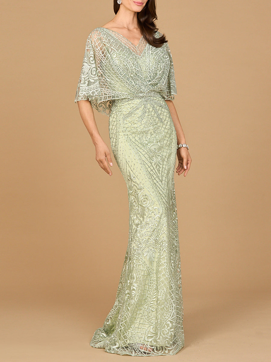 Lara 29673 Cape Sleeve Mermaid Gown