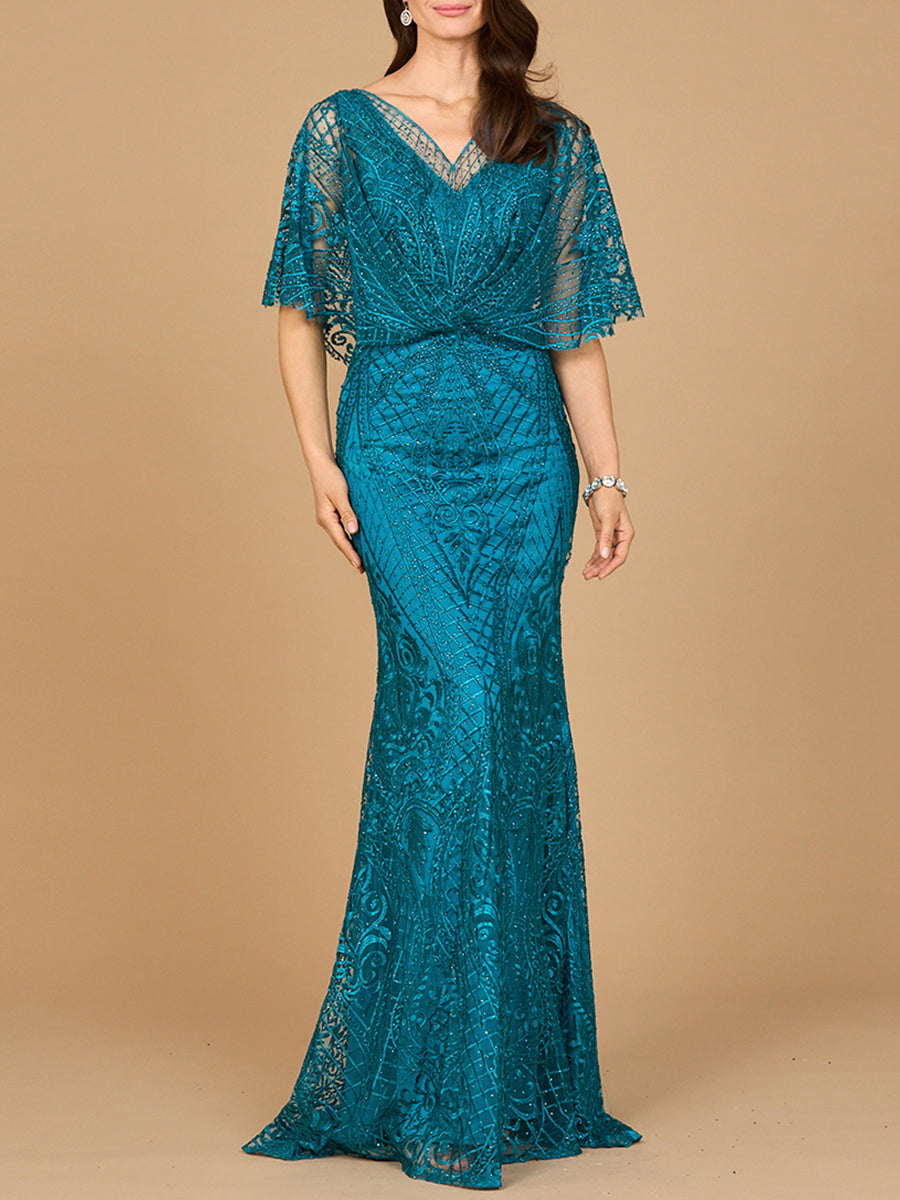 Lara 29673 Cape Sleeve Mermaid Gown