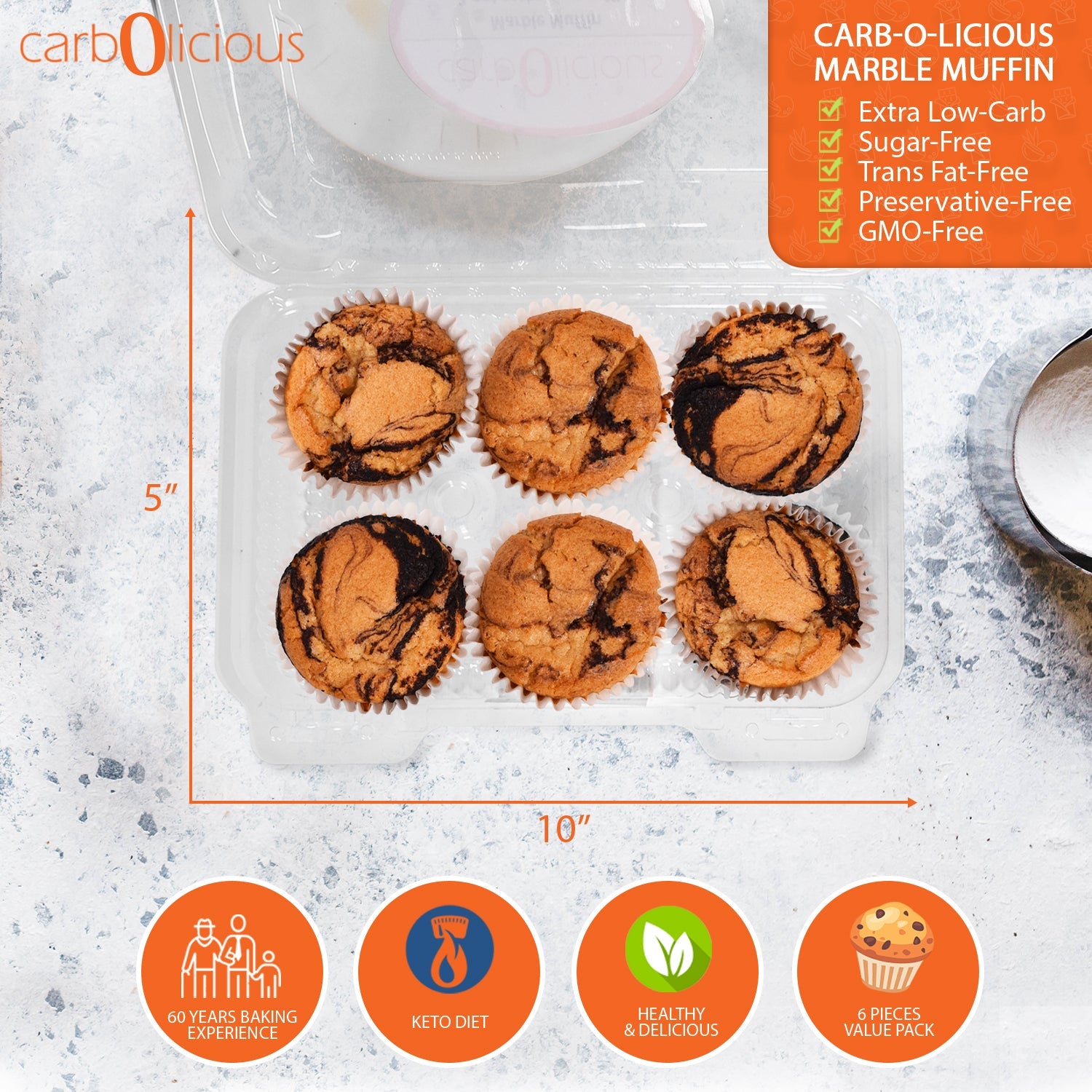 Carbolicious マーブルマフィン ホームスタイル 低糖質 砂糖不使用 – 6個入り – マフィン1個あたり糖質3g