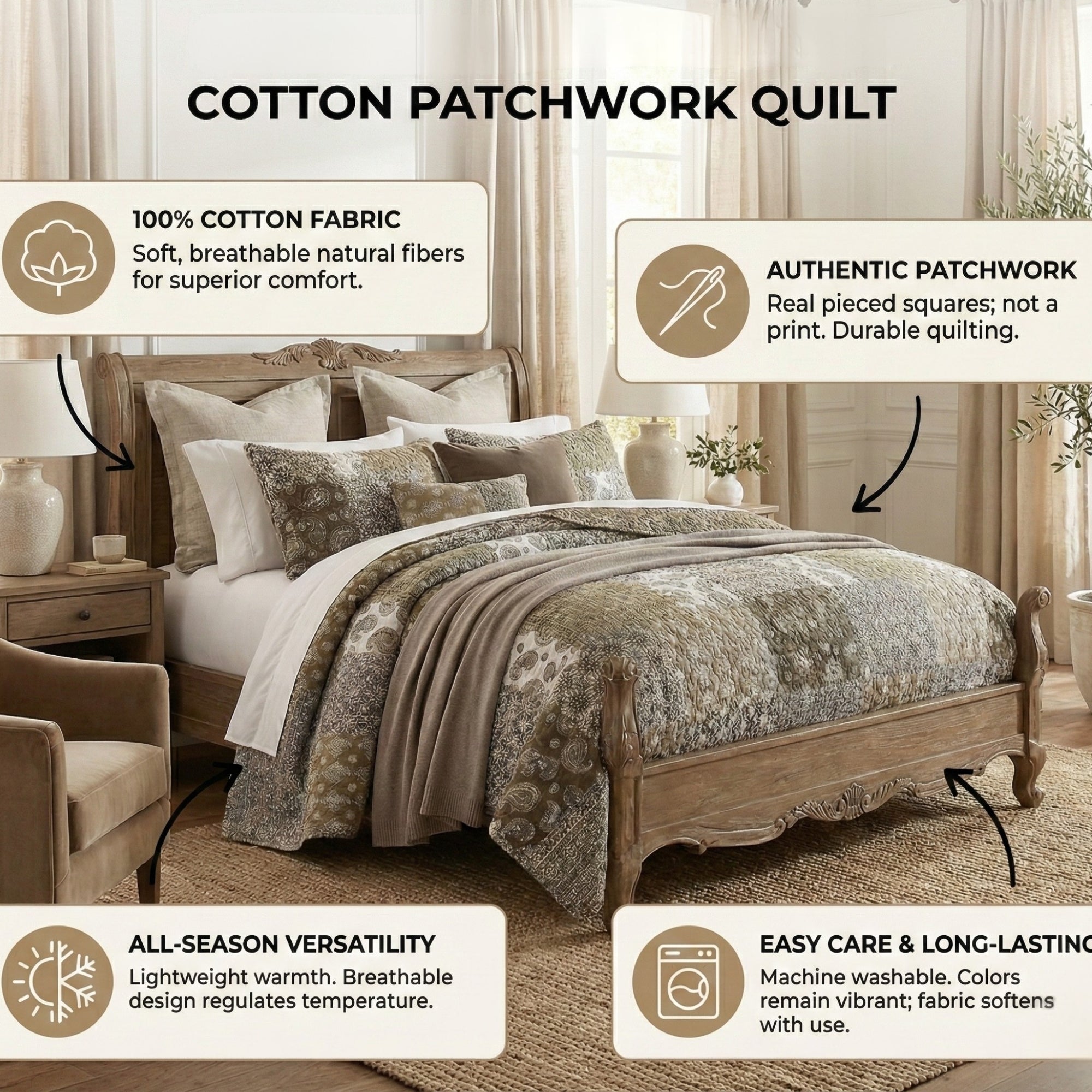 Juego de colcha de algodón con diseño bohemio de olivo, cachemir marroquí, filigrana floral y retazos, de DaDa Bedding (JHW-885)