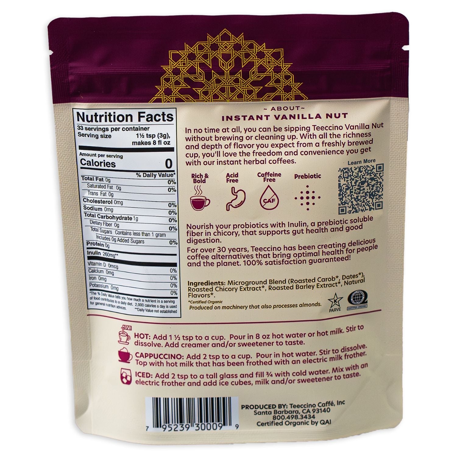Herbal Coffee | Teeccino | Instant Vanilla Nut Herbal Coffee