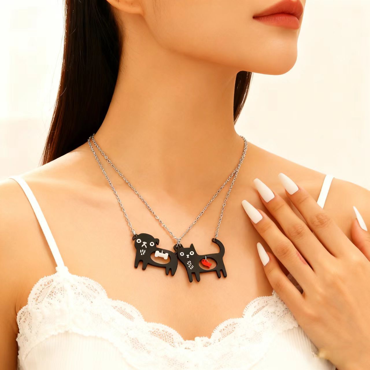 Bonito collar de dibujos animados de perro y gato, cadena de clavícula creativa estilo Ins