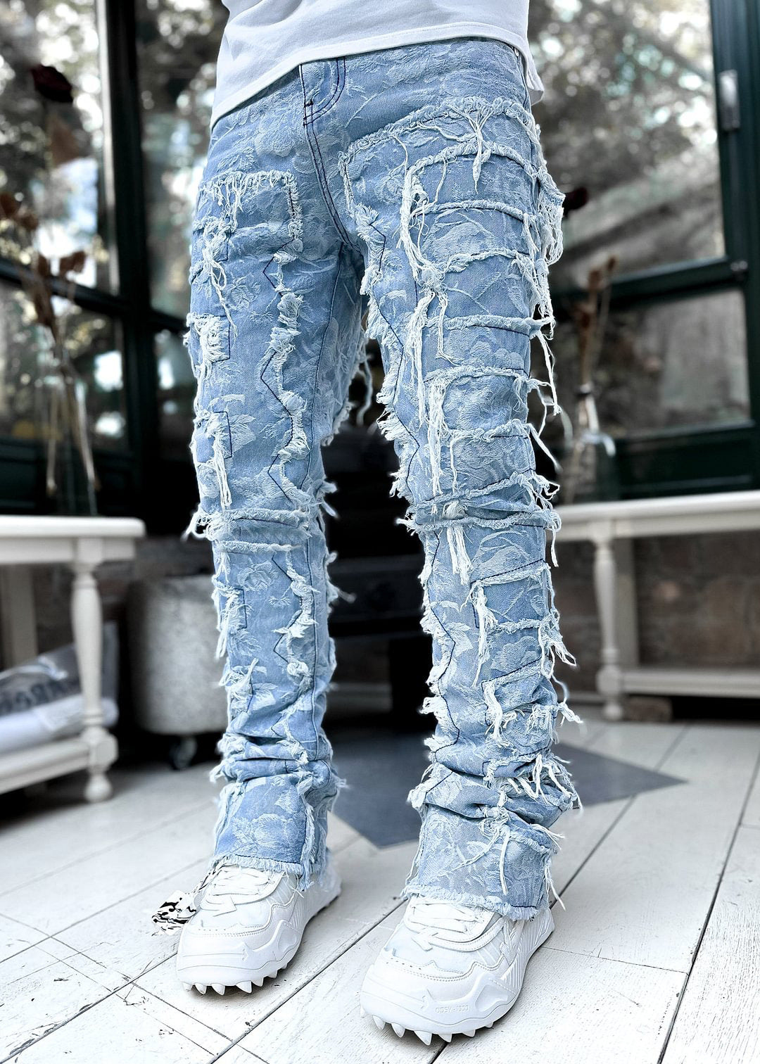 Pantalones rasgados con flecos interiores, remendados individualmente, ajustados, acampanados, apilados, largos, para ropa de hombre