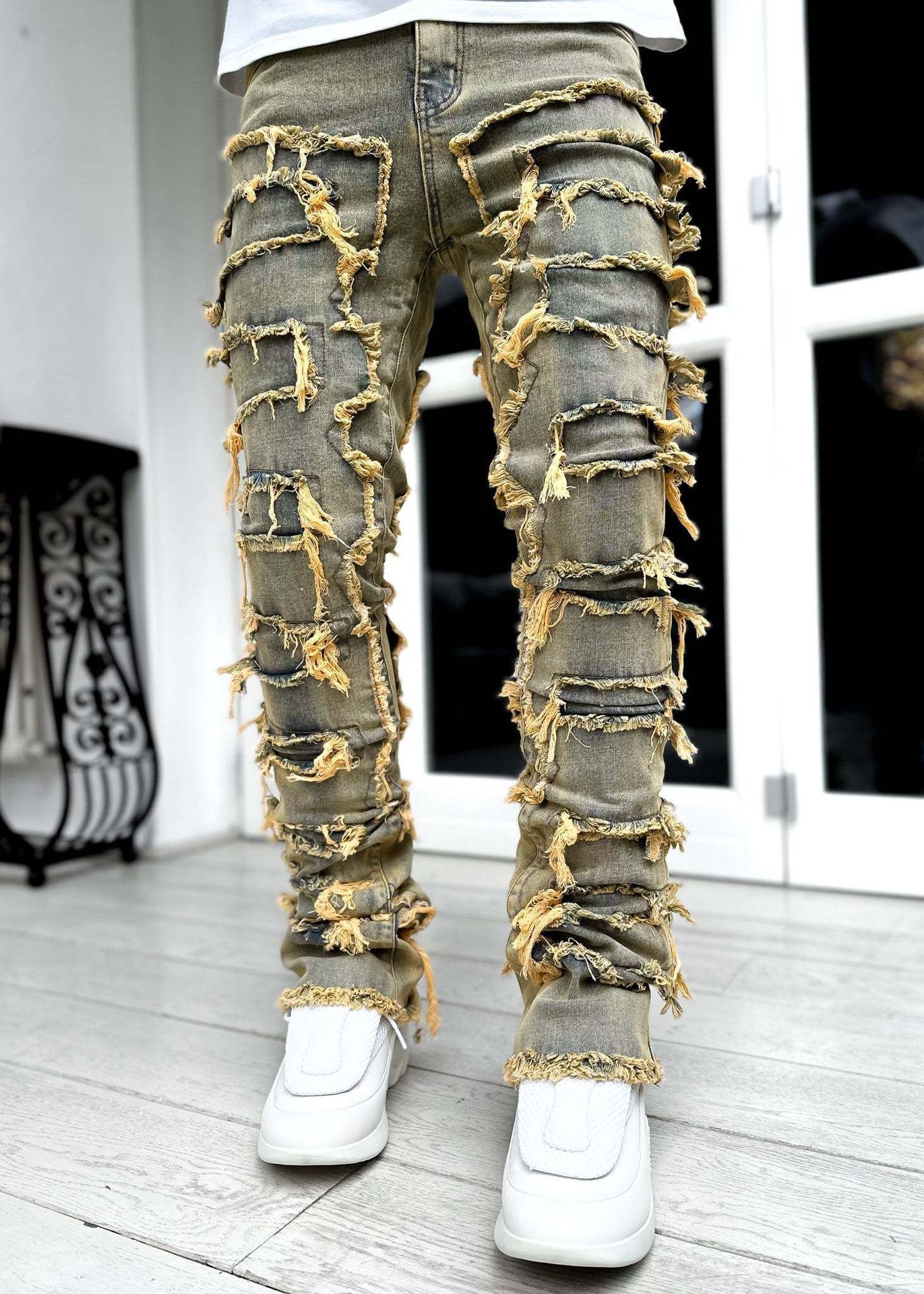 Pantalones rasgados con flecos interiores, remendados individualmente, ajustados, acampanados, apilados, largos, para ropa de hombre