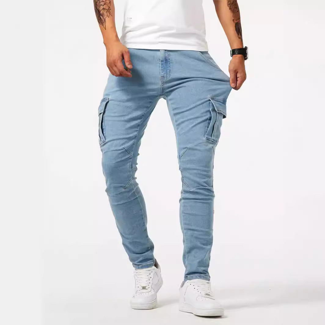 Pantalón cargo casual para hombre, pantalón elástico de marca de moda para primavera y verano, gris, a estrenar, corte recto, vaquero ligero