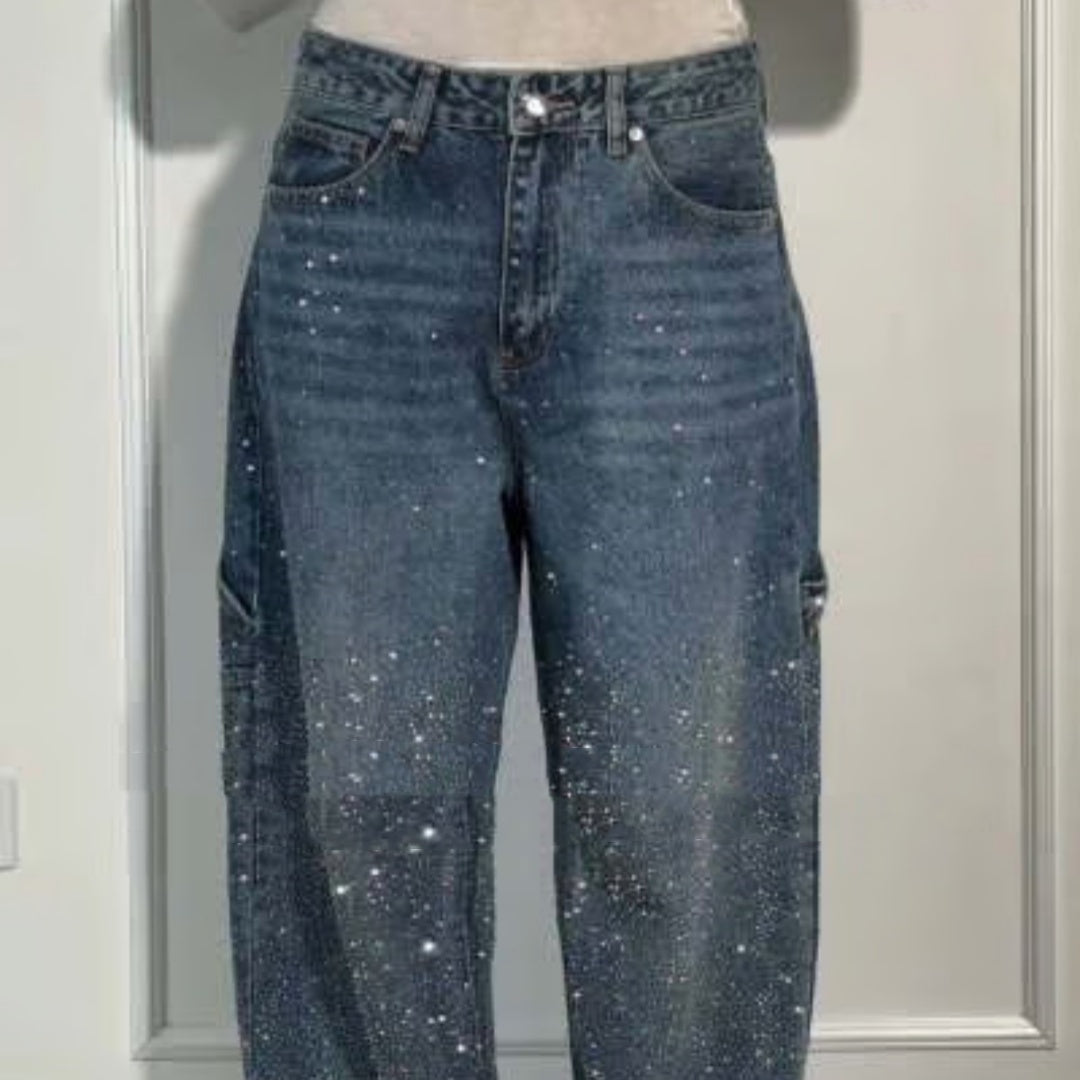 Jeans rectos brillantes Ins con bolsillos, pantalones anchos y sueltos de moda para mujer, pantalones de estilo urbano