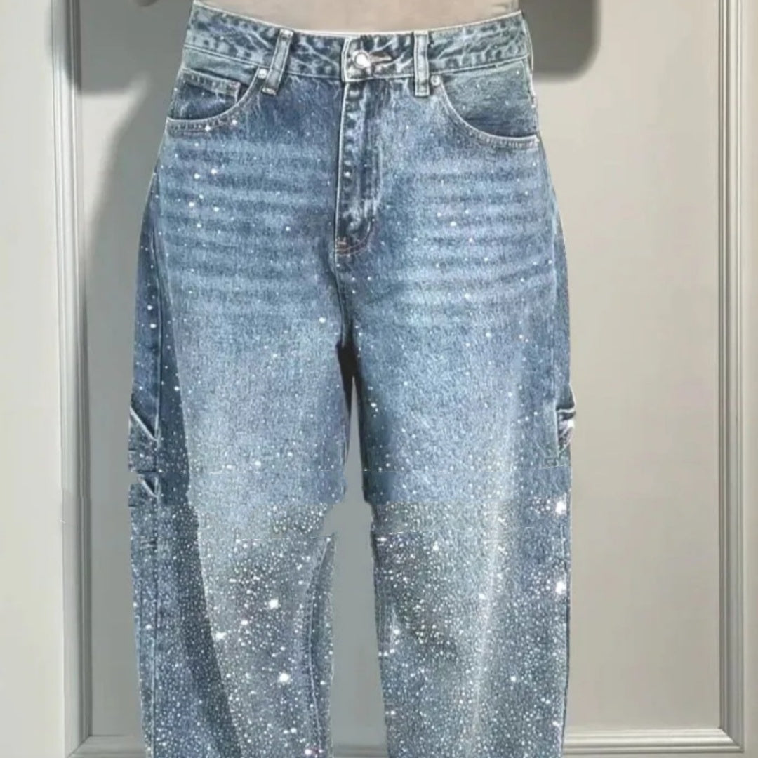 Jeans rectos brillantes Ins con bolsillos, pantalones anchos y sueltos de moda para mujer, pantalones de estilo urbano