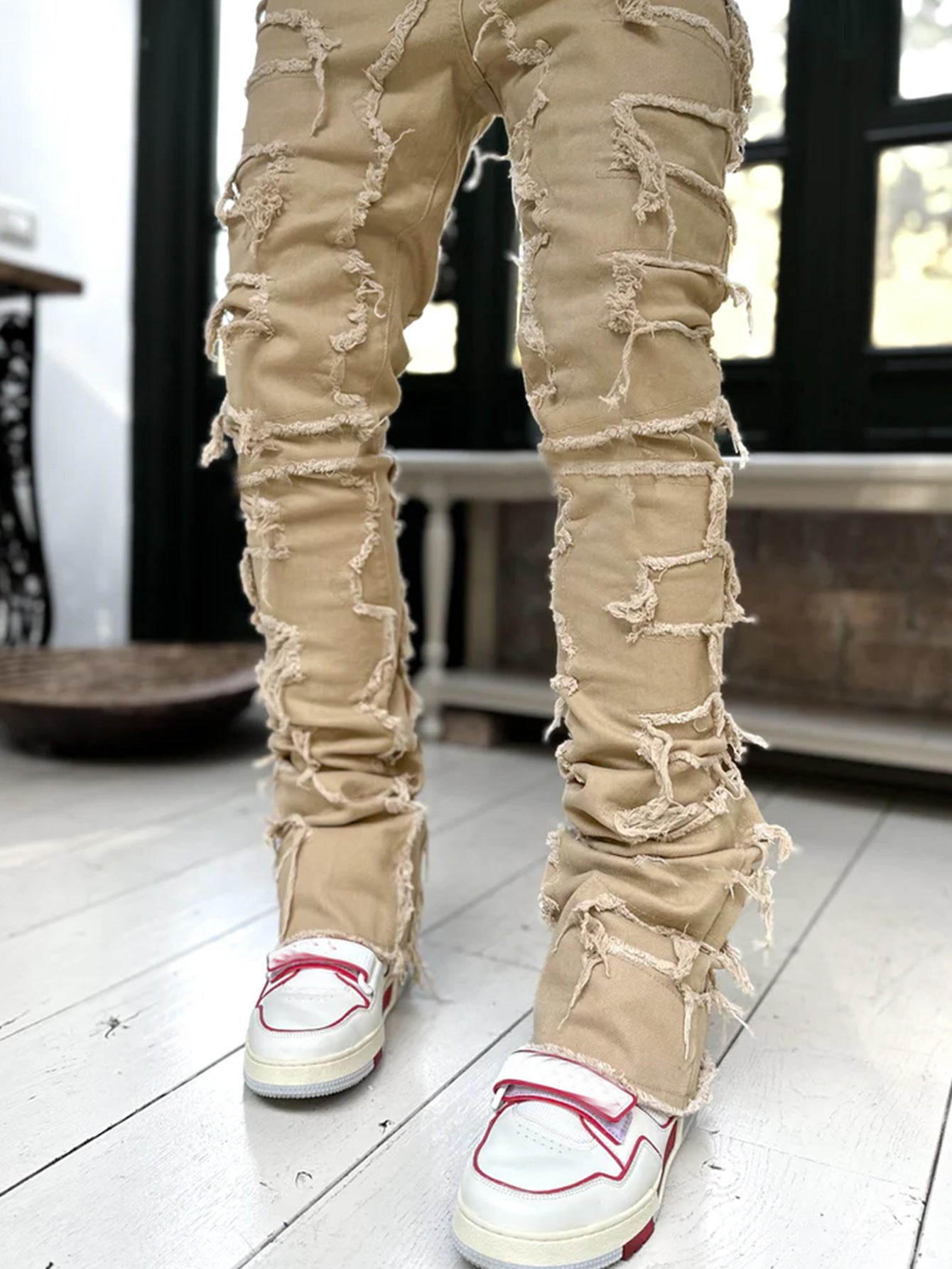 Pantalones rasgados con flecos interiores, remendados individualmente, ajustados, acampanados, apilados, largos, para ropa de hombre