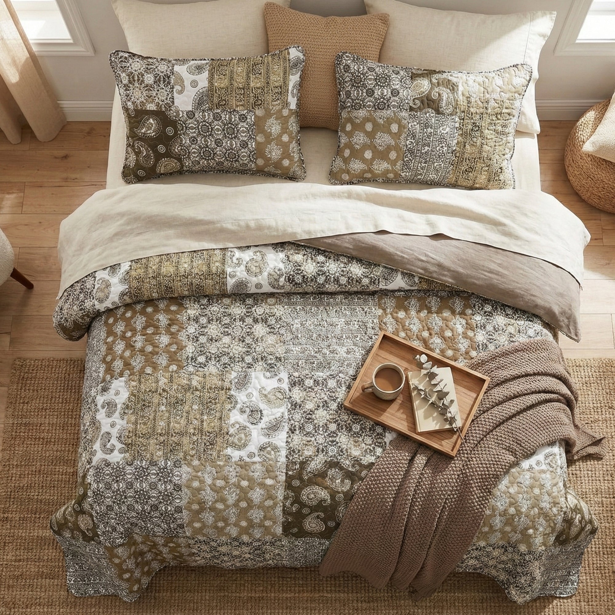 Juego de colcha de algodón con diseño bohemio de olivo, cachemir marroquí, filigrana floral y retazos, de DaDa Bedding (JHW-885)