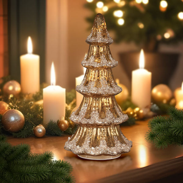 Árbol de mesa de cristal de mercurio dorado iluminado de 12"