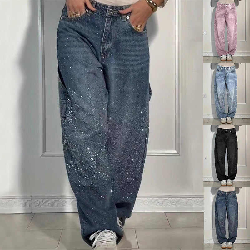 Jeans rectos brillantes Ins con bolsillos, pantalones anchos y sueltos de moda para mujer, pantalones de estilo urbano
