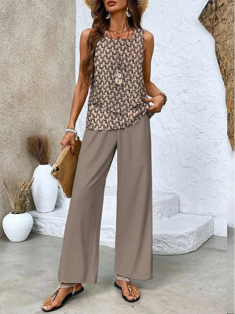 Trajes Estampados Chaleco Sin Mangas De Doble Capa Y Pantalones Rectos Sueltos Ropa De Mujer