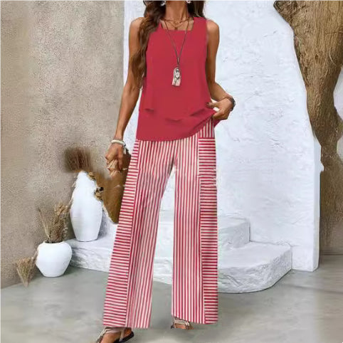 Trajes Estampados Chaleco Sin Mangas De Doble Capa Y Pantalones Rectos Sueltos Ropa De Mujer