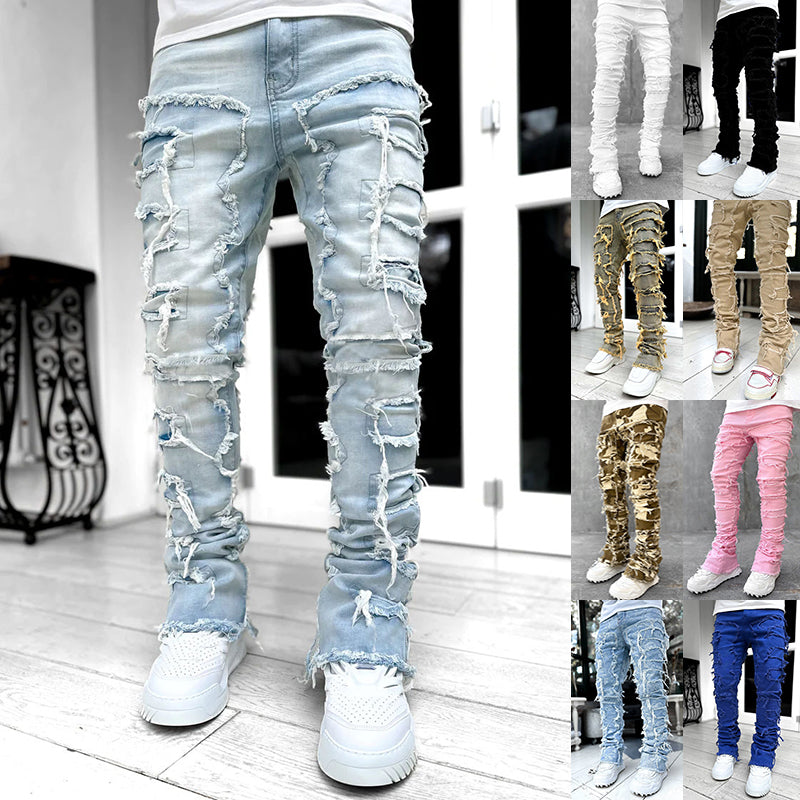 Pantalones rasgados con flecos interiores, remendados individualmente, ajustados, acampanados, apilados, largos, para ropa de hombre