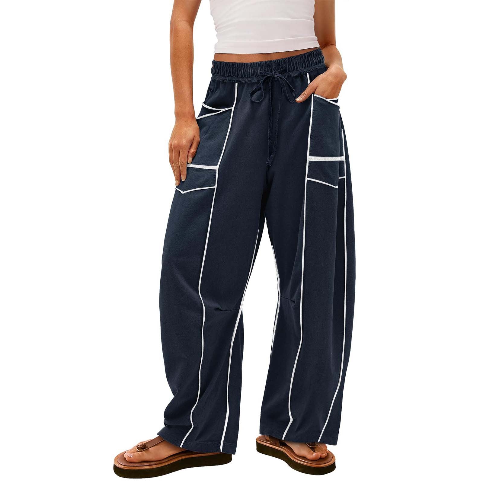 Pantalones Y2K negros a rayas de pierna ancha con bolsillos, pantalones holgados con cordón, pantalones deportivos, ropa de mujer