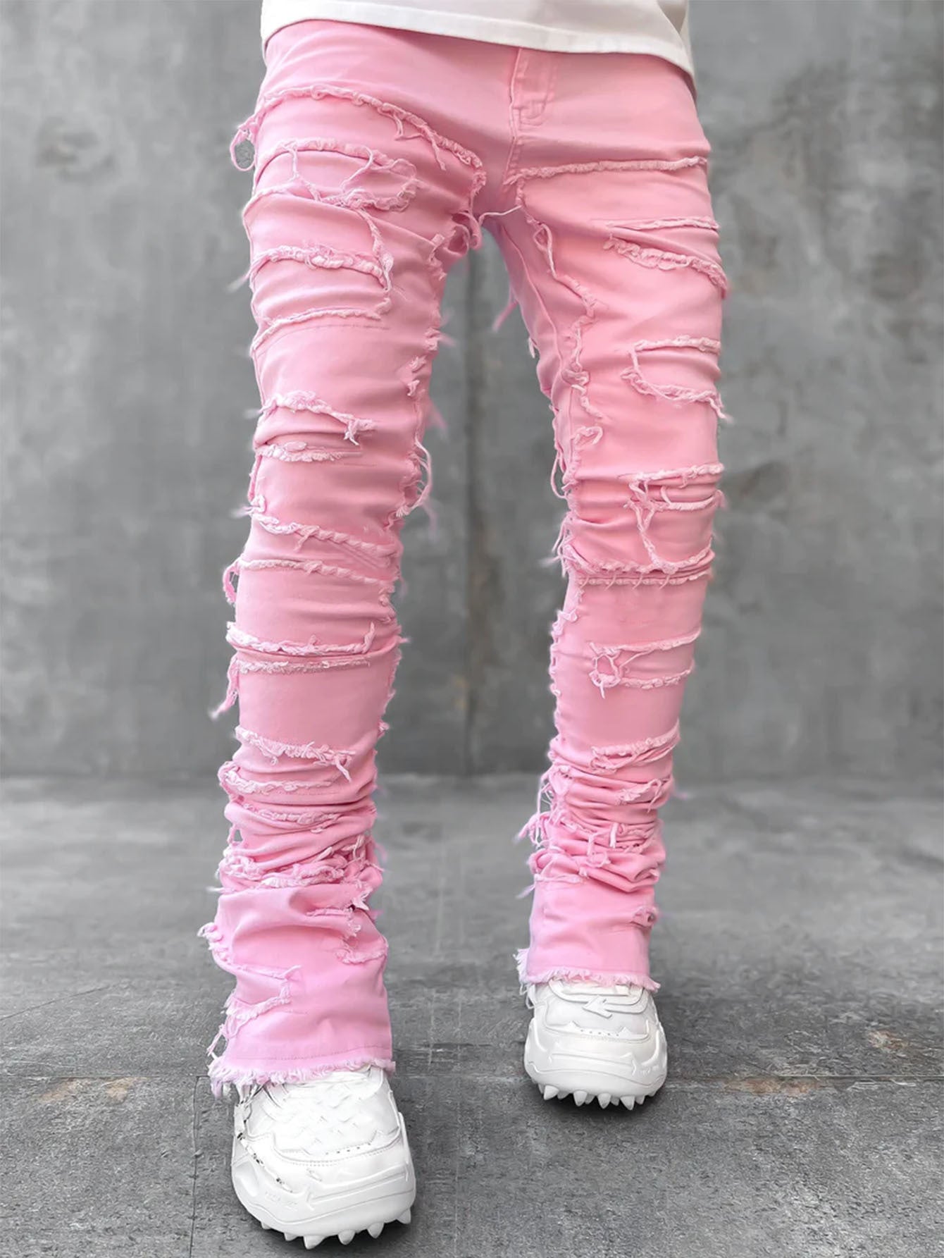 Pantalones rasgados con flecos interiores, remendados individualmente, ajustados, acampanados, apilados, largos, para ropa de hombre