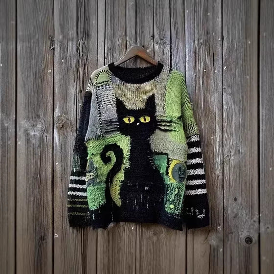 Suéter holgado retro peculiar de cuello redondo para otoño e invierno